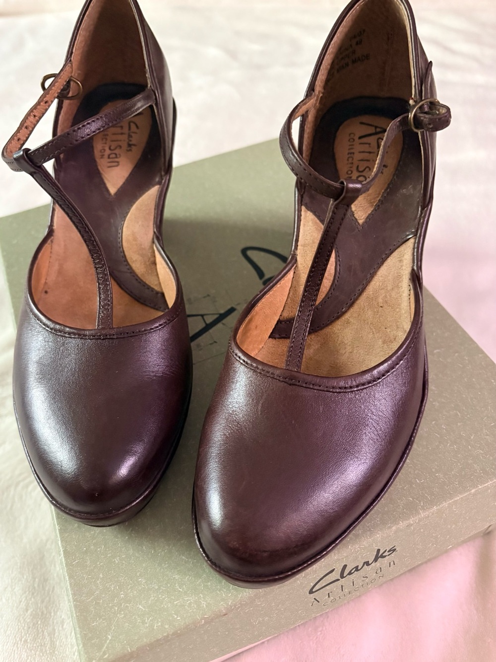 Clarks Brown Leather T-Strap Espadrille Wedges